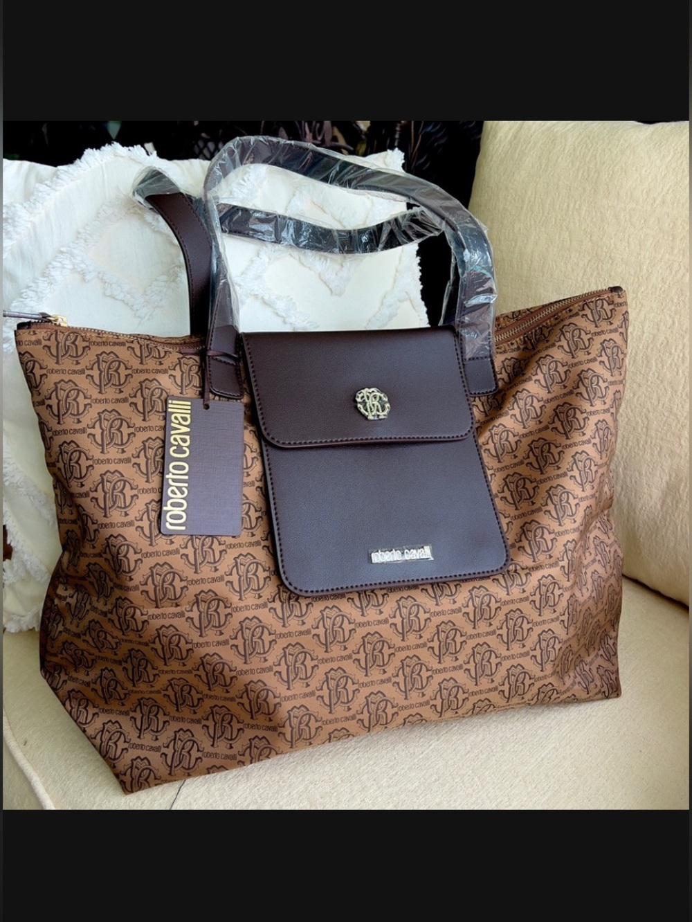 ROBERTO CAVALLI Nylon Shopper logo foldable tote brown
